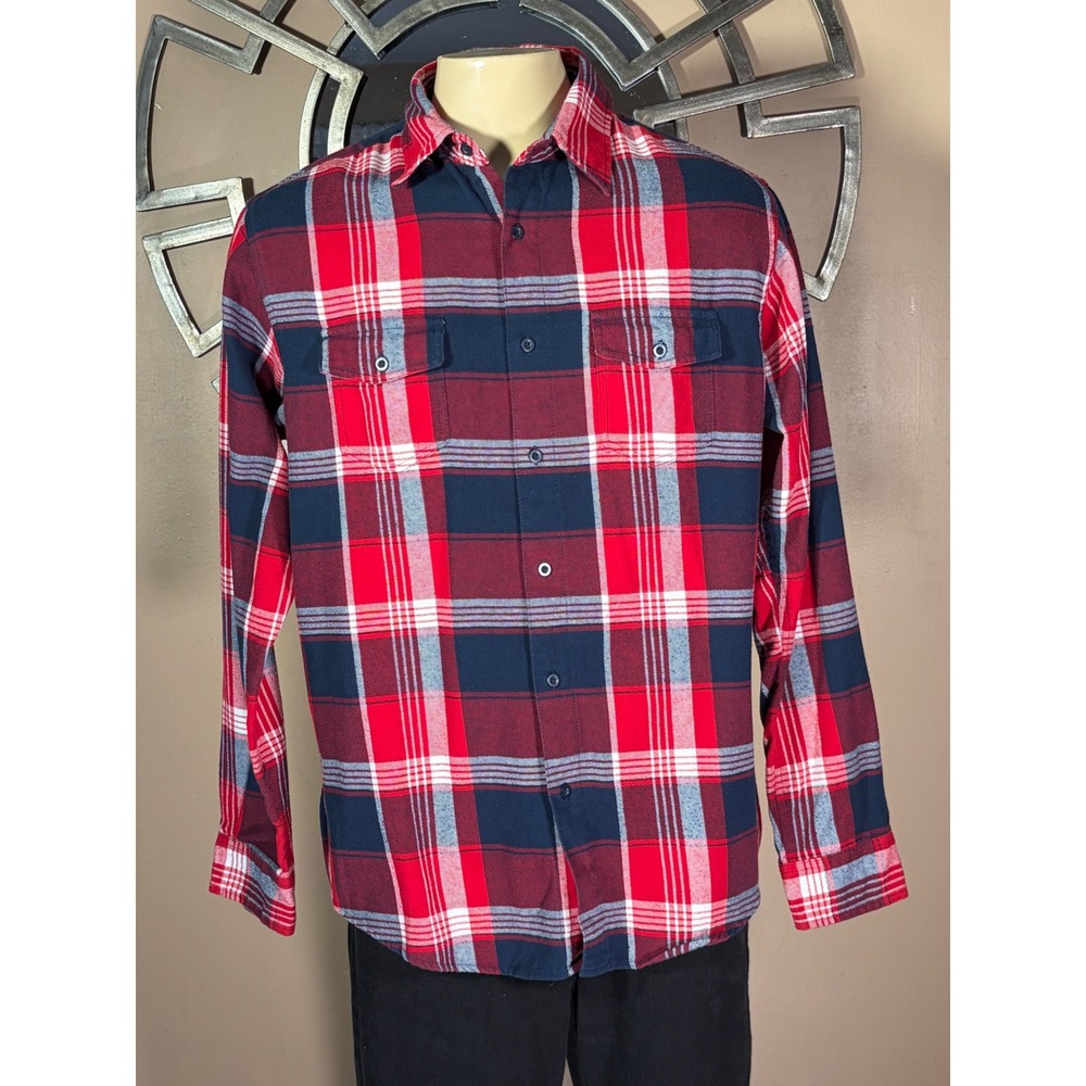 Burnside Mens XL Red Navy Blue Plaid Flannel Button Down Shirt Long Sleeve